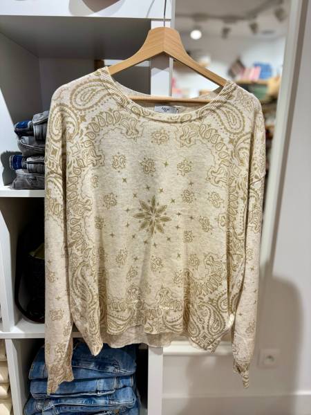 Pull Edmond Adoré Paris motif bandana beige chiné femme Joséphine Dieppe